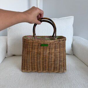 Kate Spade Wicker Basket Bag with Tortoise Handles & Paisley Interior